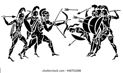 Background in the Greek style. Three warriors defending himself from the attack on a white background.