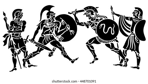 Background in the Greek style. Three warriors defending himself from the attack on a white background.