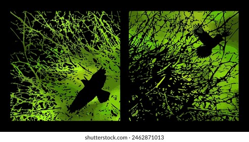 Background green bare tree branches. Not AI, Vector illustration.