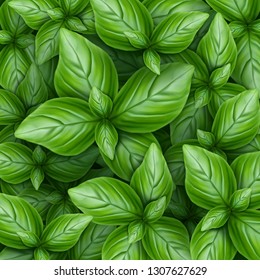 Background of green basil leaves. 3d realistic vector illustration isolated on white background.