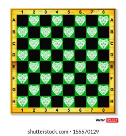 background green and black chess board, white heart floral pattern vector