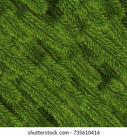 Background of green Christmas tree branches. Fir vector pattern texture illustration.