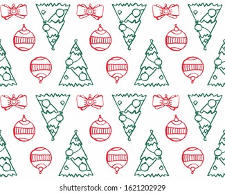 background from green Christmas trees, red balls and bows, hand-drawn. Christmas elements seamless pattern on white background.