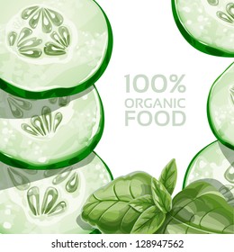 Background with green cucumber and basil