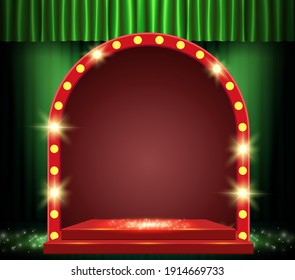 Background with green curtain, podium, spotlights and retro arch banner. Design for presentation, concert, show. Vector illustration