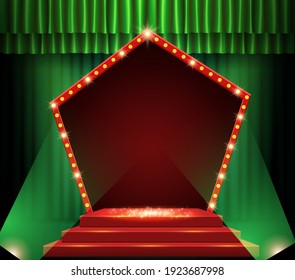Background with green curtain, podium, spotlights and retro arch banner. Design for presentation, concert, show. Vector illustration