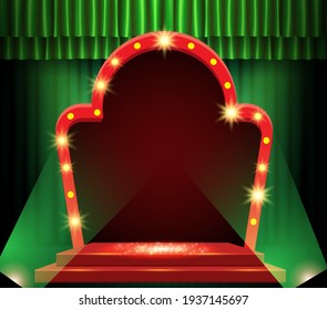 Background with green curtain, podium, spotlights and retro arch banner. Design for presentation, concert, show. Vector illustration