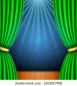 Background with a green curtain and a spotlight. vector illustration
