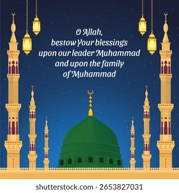 Background with green dome of the Nabawi mosque in Madinah at night 
