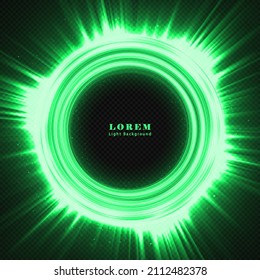 Background with green elegant illuminated ring. Glowing circle. Round frame, shiny borders with glitter or fairy dust, glowing rings.