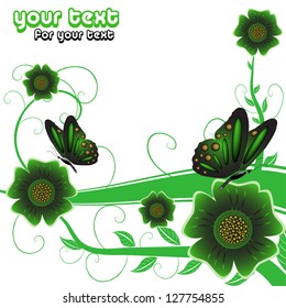 Background with green flowers and green butterflies. Summertime concept