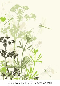 Background with green flowers,dragonfly and grunge effect