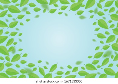 Fondo con hojas voladoras verdes. Las hojas vuelan sobre el fondo del cielo.