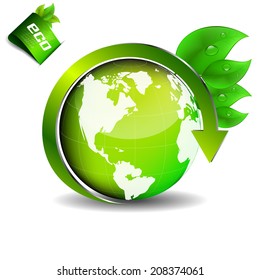 Background with green globe, arrow and green leaves with water drops and eco-label/design for print or PC desktop with place for your content/vector illustration