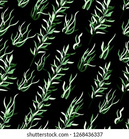 Background of green grass and algae on a dark texture. Vector ornament for fabric.