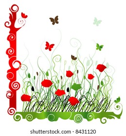 Background with green grass ang red poppie isolated on white