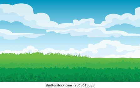 Background of green grass and blue sky with clouds. Vector illustration.