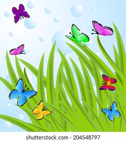 background  with a green grass and butterflies,  vector  illustration