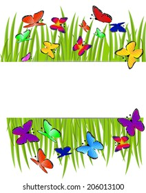 background  with a green grass and butterflies,  vector  illustration