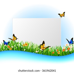 Background Green Grass with butterfly And paper