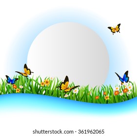 Background Green Grass with butterfly And paper