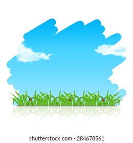 Background with green grass. Grass with ladybug and waterdrop. Sky with cloud. Landscape. Summer time. EPS10 vector