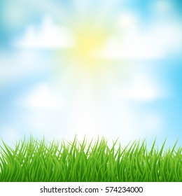  background with green grass and sun and clouds for Your design template. vector