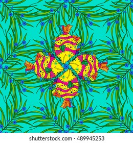 Background with green grass Vector illustration. Yellow and red doodles fish.