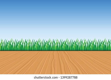 Background of green grass, wooden deck and blue sky vector illustration