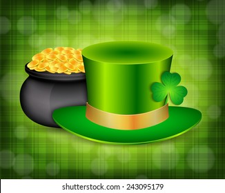 Background with green hat and pot of gold. St. Patrick's day. EPS10 vector