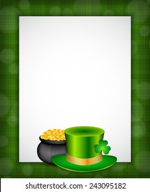 Background with green hat and pot of gold. St. Patrick's day. EPS10 vector