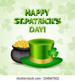 Background with green hat and pot of gold. St. Patrick's day. EPS10 vector