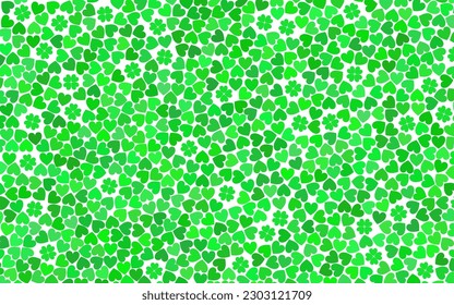 Background of green hearts with several four-leaf clovers in the gaps