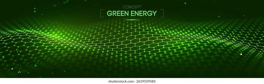 Background green hexagon abstract tech futuristic energy blue pattern digital. Light texture science network data line cyber graphic banner. System grid software circuit security.