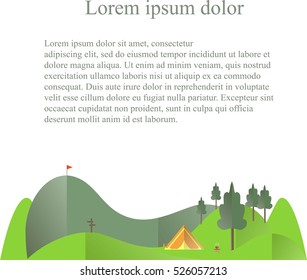 Background with green hills, trees, orange tent below on white, lorem ipsum, travel conception flat design stock vector illustration