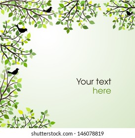 Background with green leaves and birds in branches, jpg file also available