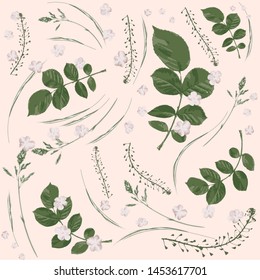 Background of green leaves and blades of grass.