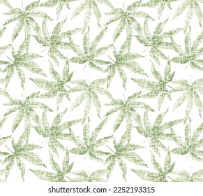 Background with green leaves of cannabis. Hand drawn illustration in technics of pointillism.Seamless pattern of cannabis leaves. Hemp background