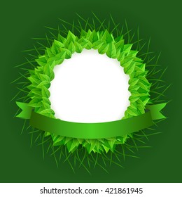 Background with green leaves, circular place for text and green ribbon. Vector illustration.