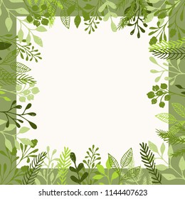 Background with green leaves and herbs. Square hand drawn frame. Sale and shopping banner.