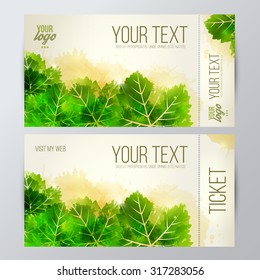Hojas verdes de fondo y salpicaduras de color. Para promociones, entradas o banners. vectorial