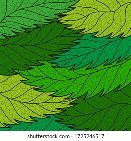 Background with green leaves. Summer floral pattern in cartoon style. Vector illustration.