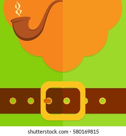 Background of green leprechaun costume with buttons, belt, buckle, red beard and smoking pipe, illustration.
