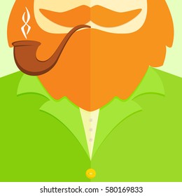 Background of green leprechaun costume with buttons, smoking pipe, red beard and mustache, illustration.