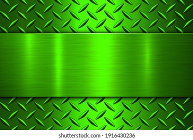 Background green metallic, 3D chrome vector design with diamond plate sheet metal texture.