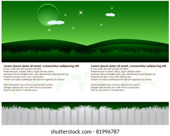 Background green night sky with full moon and clouds, stars