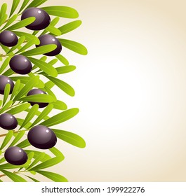 Background with green olive branches and black olives