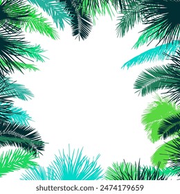 Background with green palm leaf. hand drawing. Not AI. Vector illustration.