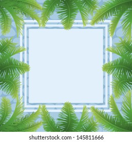 Background, green palm leaves, abstract pattern and frame. Vector