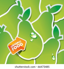 Background from green pears with an arrow by organic food. Vector illustration.